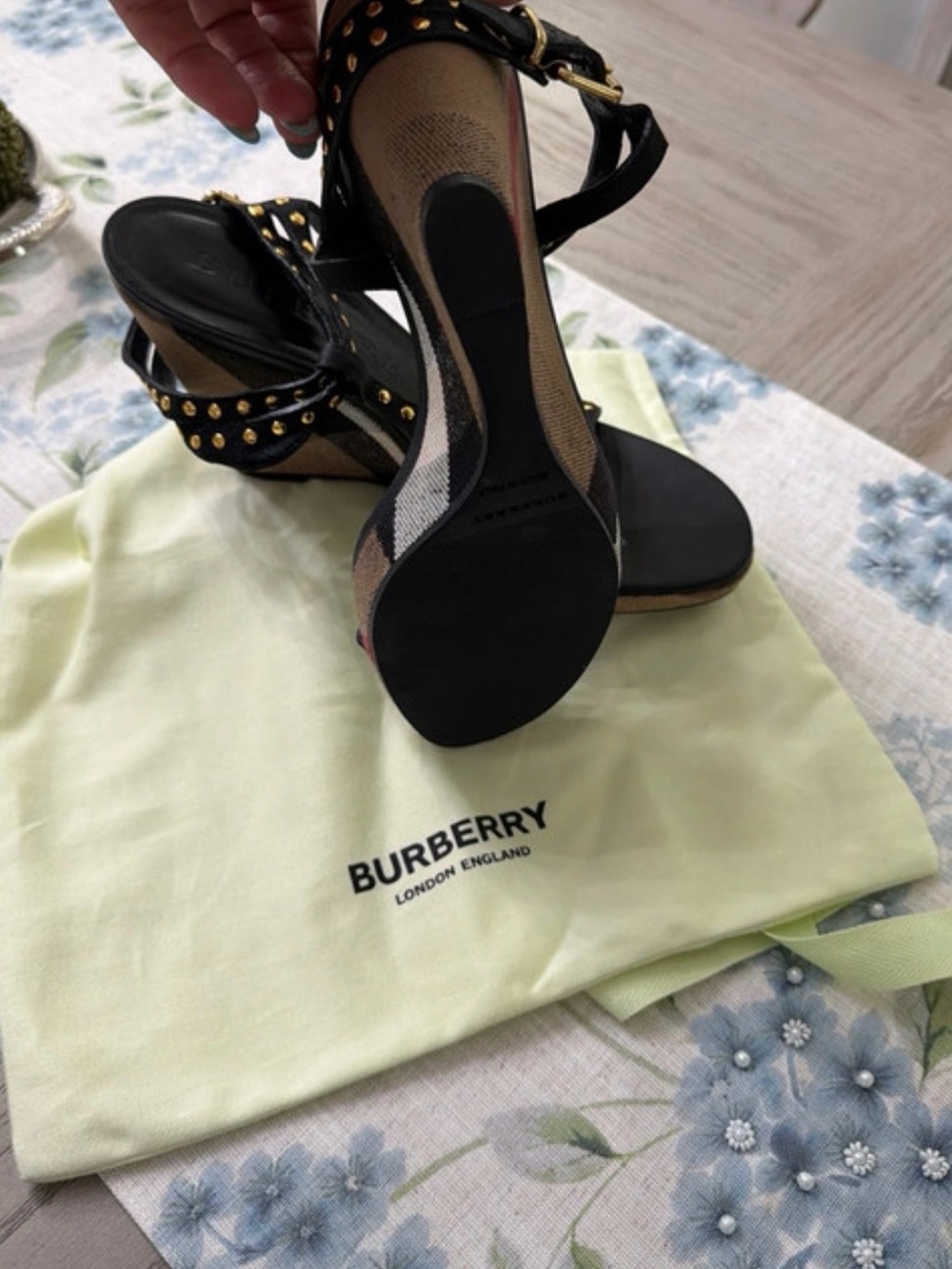 Burberry Black Leather Studded Check Wedge Sandals - Picture 2 of 4